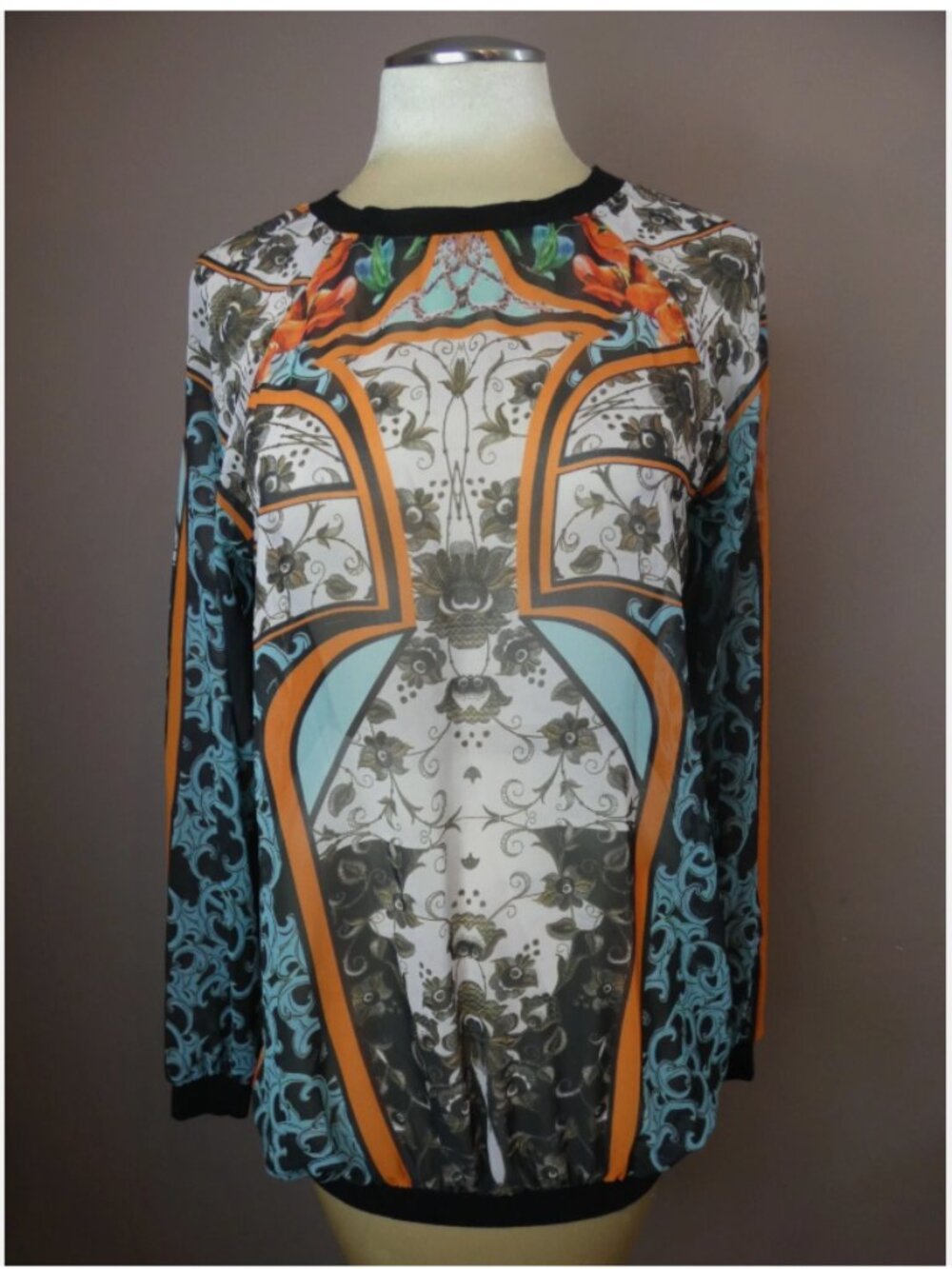 Clover Canyon Womens M Semi Sheer Geo Print Pullover Top Long Sleeve Blue Orange